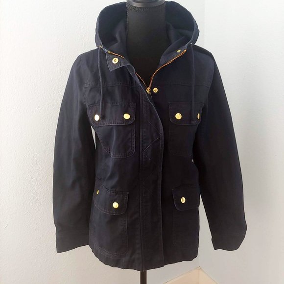 J. Crew Navy Resin-Coated Twill Jacket with Hood - Picture 3 of 15